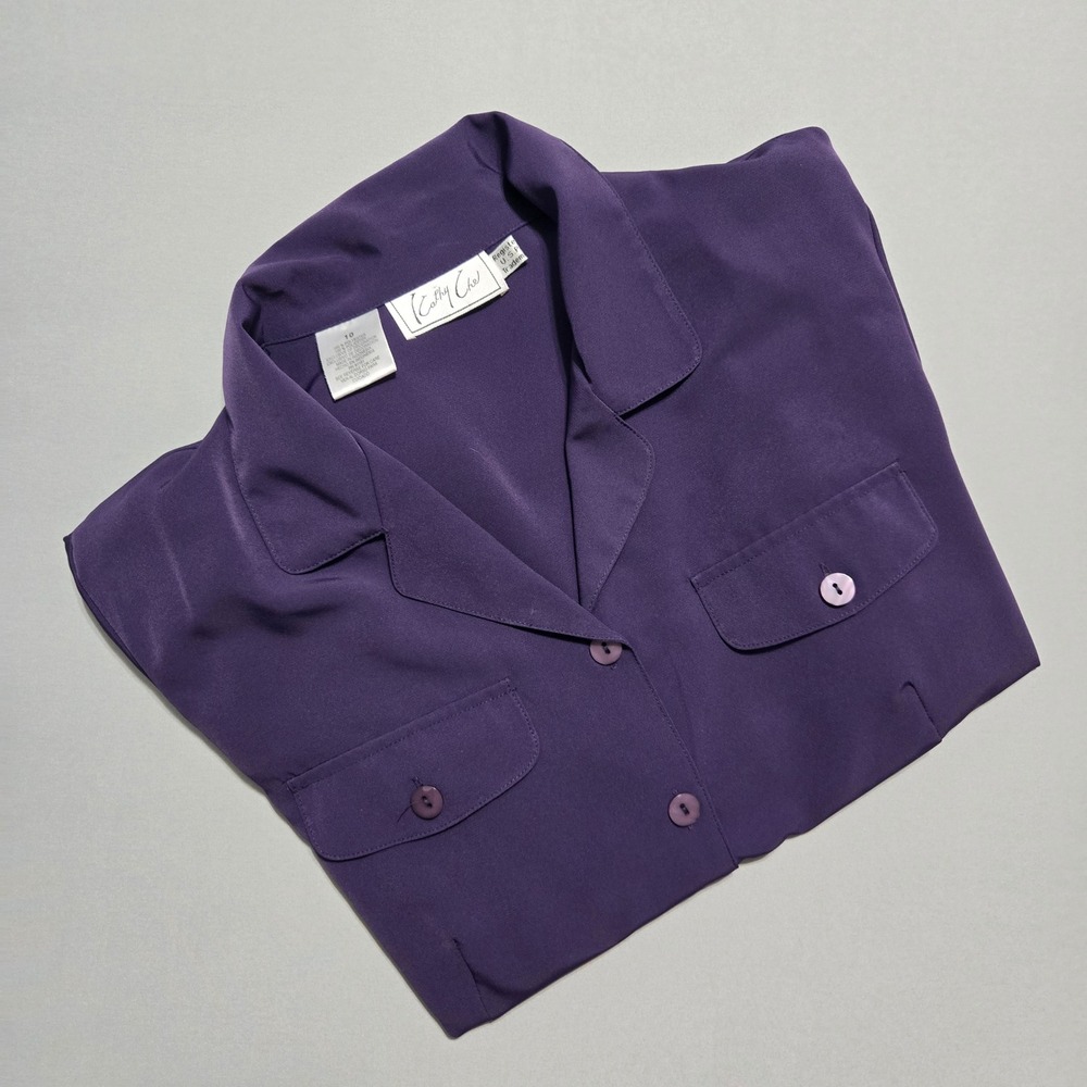 Kathy Che Blouse Women 10 Button Front Long Sleeve Purple Pockets Shoulder Pads